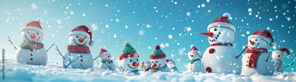 A group of cute snowmen standing in the snowy landscape, each wearing different hats and A group of cute snowmen standing in the snowy landscape, each wearing different hats and
