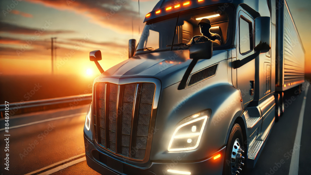 Modern truck driving on highway at dusk Modern truck driving on highway at dusk