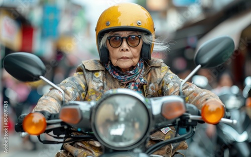 A woman in a yellow helmet rides a motorcycle. The woman is wearing a scarf and sunglasses. The motorcycle is parked on the side of the road © imagineRbc
