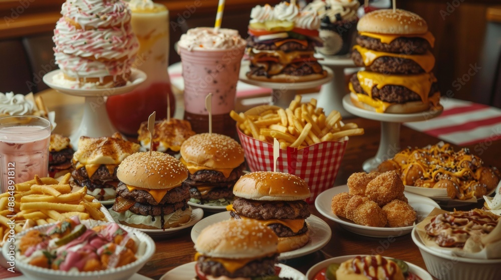 Multiracial Group of Friends Enjoying a Feast of High-Calorie Fast Food in a Diner Setting at Midday, Emphasizing Indulgence and Companionship Multiracial Group of Friends Enjoying a Feast of High-Calorie Fast Food in a Diner Setting at Midday, Emphasizing Indulgence and Companionship