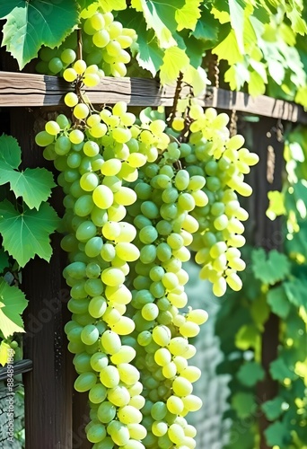 Clusters of green grapes hanging from a wooden trellis, surrounded by lush green leaves in a vineyard photo