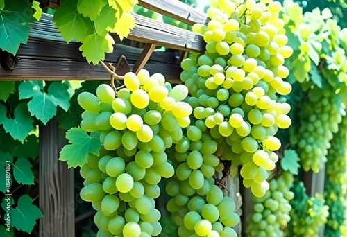 Clusters of green grapes hanging from a wooden trellis, surrounded by lush green leaves in a vineyard photo