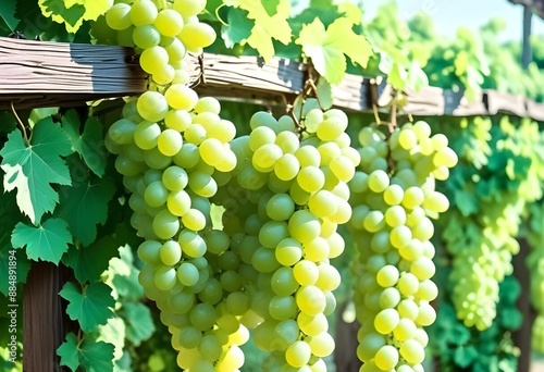 Clusters of green grapes hanging from a wooden trellis, surrounded by lush green leaves in a vineyard photo