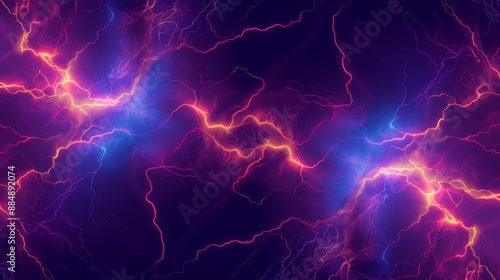 Electric veins of purple and blue lightning course through a dark space, creating a vibrant network of energy.