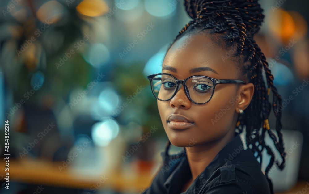 A woman with braided hair and glasses is sitting at a table. She is wearing a black shirt and she is focused on something A woman with braided hair and glasses is sitting at a table. She is wearing a black shirt and she is focused on something