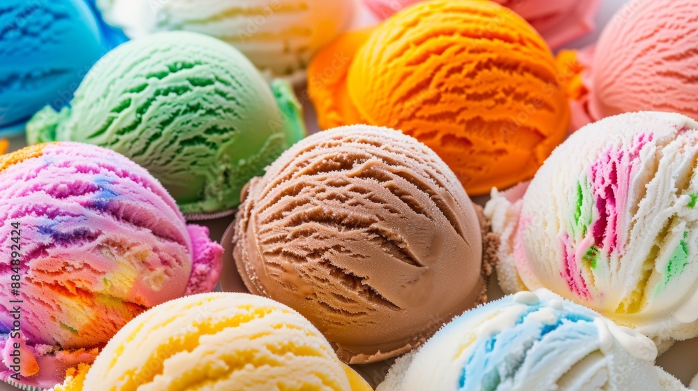 Colorful Array of Ice Cream Scoops in Bowl, Showcasing Variety and Creamy Texture in Bright Daylight Colorful Array of Ice Cream Scoops in Bowl, Showcasing Variety and Creamy Texture in Bright Daylight