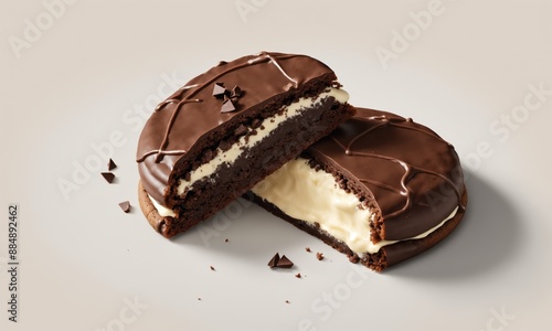 Chocolate cookie with vanilla cream filling, cut in half photo