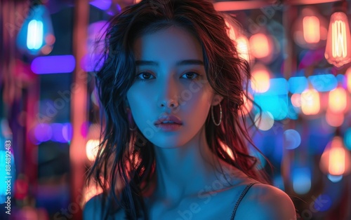 A woman with long dark hair and a red lipstick is standing in front of a neon light. The light is blue and purple, creating a cool and futuristic atmosphere