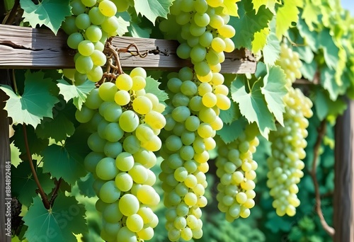 Clusters of green grapes hanging from a wooden trellis, surrounded by lush green leaves in a vineyard photo