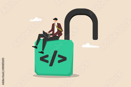 Open source coding, digital products granting permission to use and modify source code, female programmer using laptop to unlock a padlock with coding symbols.