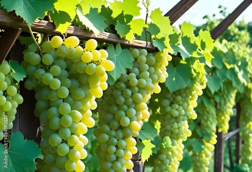 Wallpaper Mural Clusters of green grapes hanging from a wooden trellis, surrounded by lush green leaves in a vineyard Torontodigital.ca