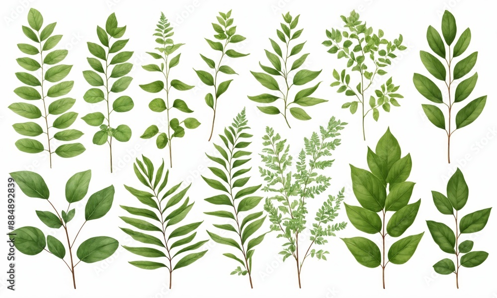 Collection of green leaves and ferns, isolated on white background Collection of green leaves and ferns, isolated on white background