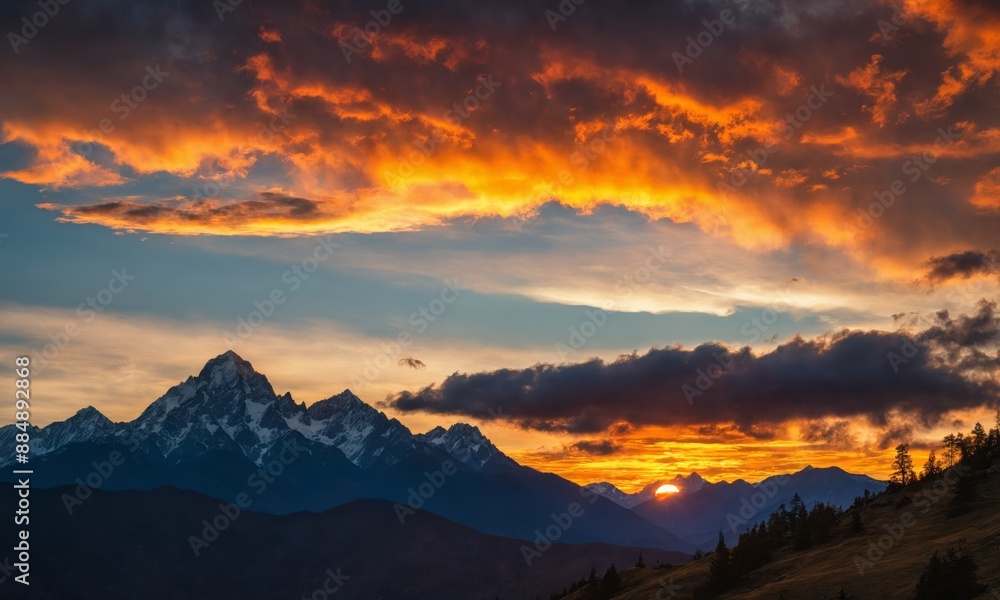 Sunrise over snow-capped mountain peaks Sunrise over snow-capped mountain peaks