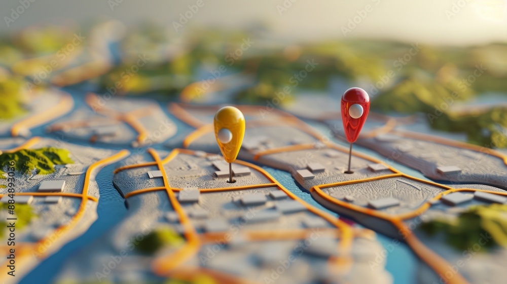 A detailed map displaying a specific location marked with two vibrant pins, symbolizing the starting and destination points in a GPS navigation system used for efficient route planning and guidance. A detailed map displaying a specific location marked with two vibrant pins, symbolizing the starting and destination points in a GPS navigation system used for efficient route planning and guidance.