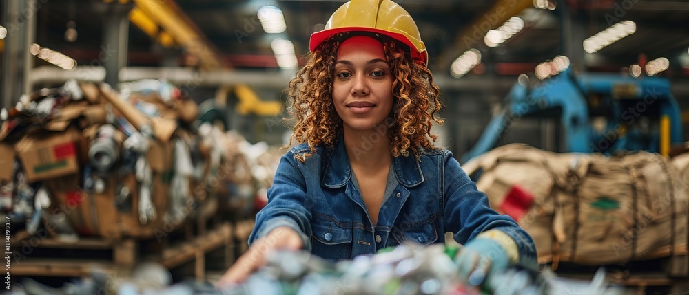 Female worker sorting waste at recycling plant Female worker sorting waste at recycling plant