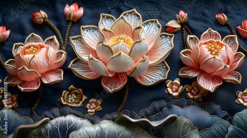 Three lotus flowers on blue background.