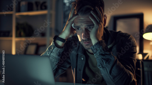 A stressed white man nervously looks at his computer or laptop in horror, a victim of revenge porn, cyberstalking, fraud or blackmail, landscape format 16:9