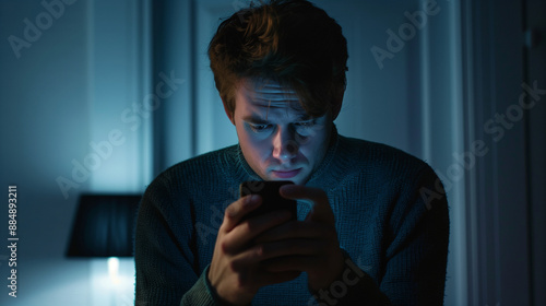 A stressed white man nervously looks at his cellphone or mobile in horror, a victim of revenge porn, cyberstalking, fraud or blackmail, landscape format 16:9