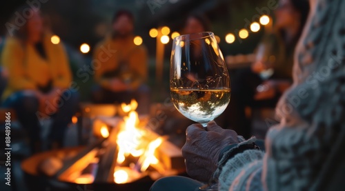 close up of wine glass in hand, sitting by fire pit at outdoor party with friends dancing and laughing in the background
