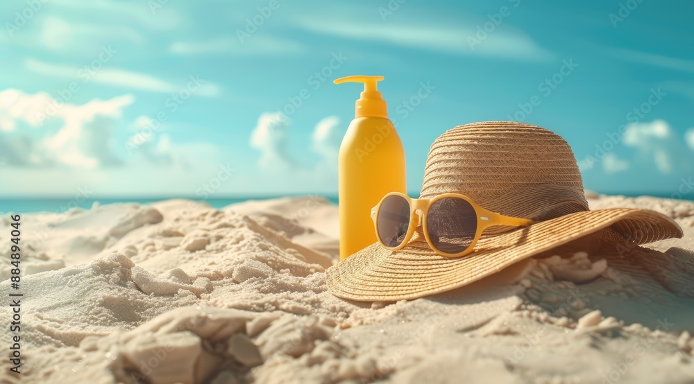 Sunglasses, a sun hat and a yellow bottle of skin care product on the sand with a blue sky background Sunglasses, a sun hat and a yellow bottle of skin care product on the sand with a blue sky background