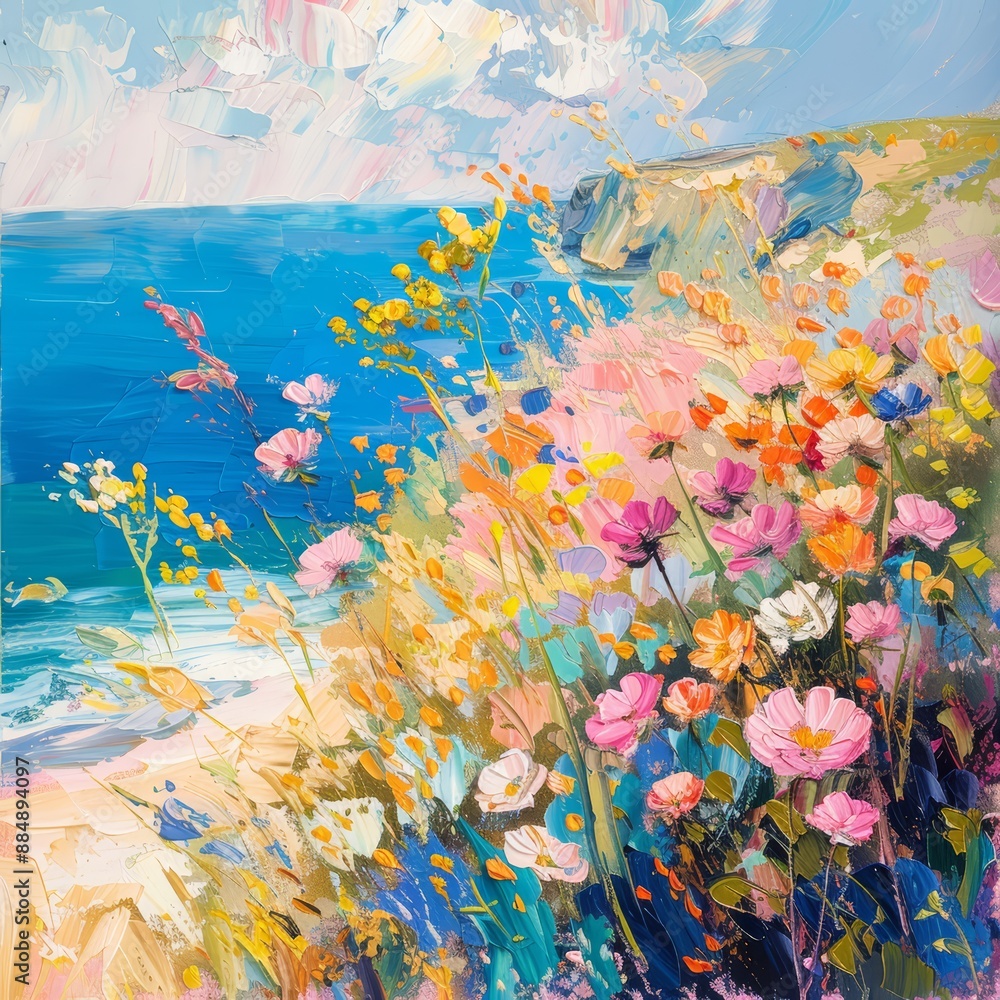 an oil painting of a colorful flower field with the blue sea on the background an oil painting of a colorful flower field with the blue sea on the background