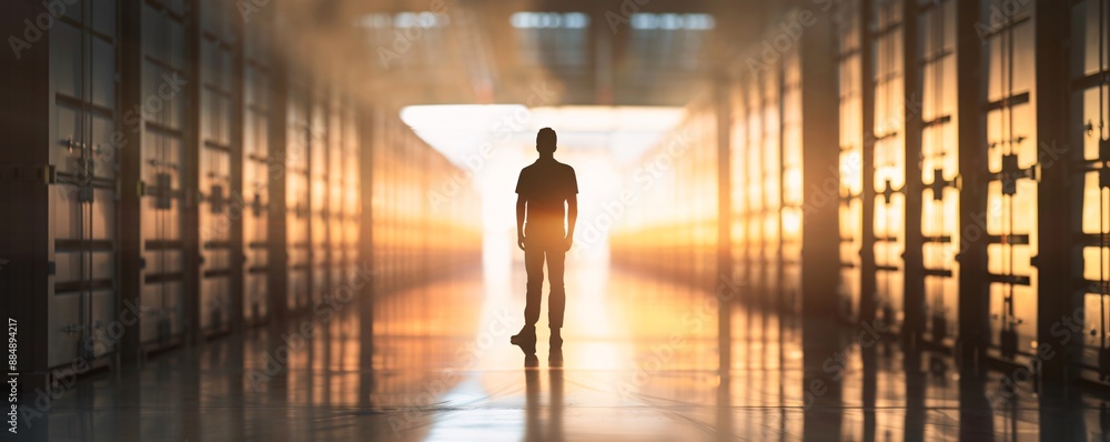 A silhouette of a manager is captured against the backdrop of a large cargo storage area, with the lighting and composition allowing for significant copy space. A silhouette of a manager is captured against the backdrop of a large cargo storage area, with the lighting and composition allowing for significant copy space.