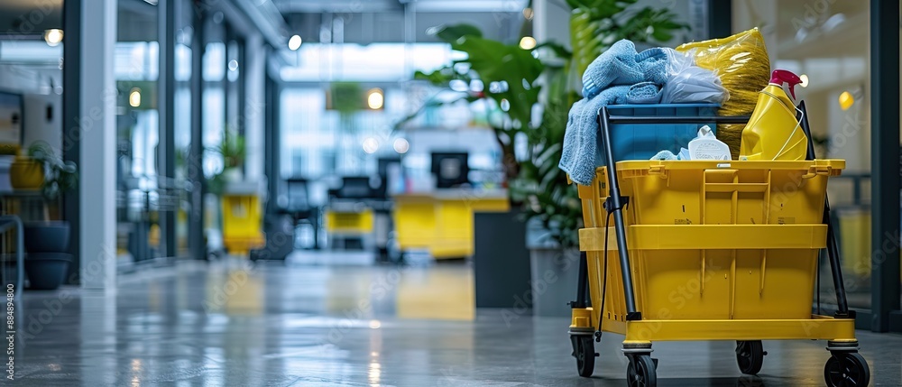 Fototapeta premium Professional janitorial cart stocked with cleaning supplies in corporate office setting