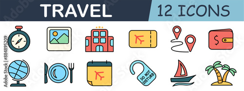 Travel set icon. Compass, hotel, airplane ticket, route map, wallet, globe, restaurant, calendar, do not disturb sign, boat, beach.