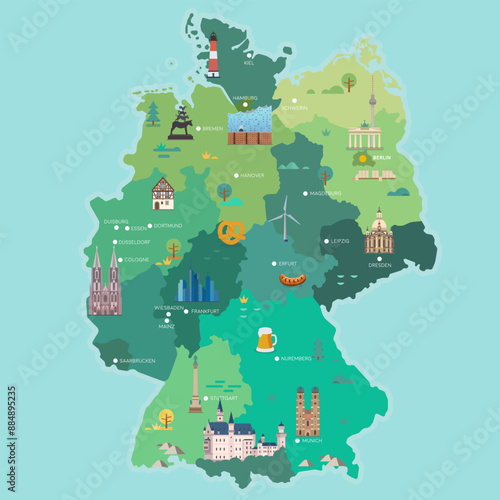 Stylized map of Germany. Travel illustration with German landmarks.