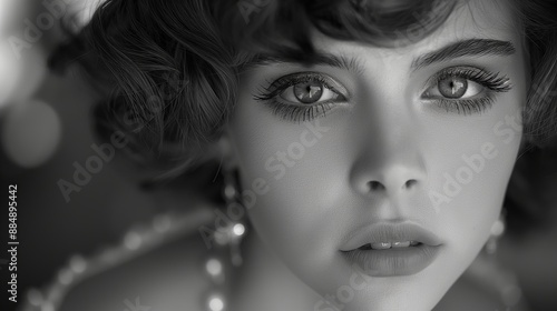 An intimate portrait of a young woman in black and white emphasizes her delicate features and emotional depth.