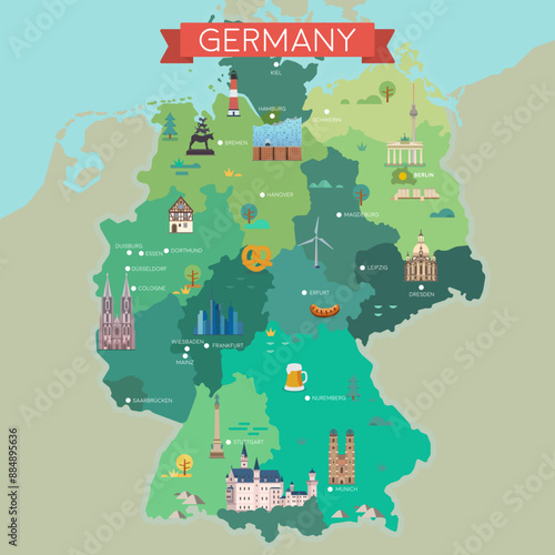 Stylized map of Germany. Travel illustration with German landmarks.