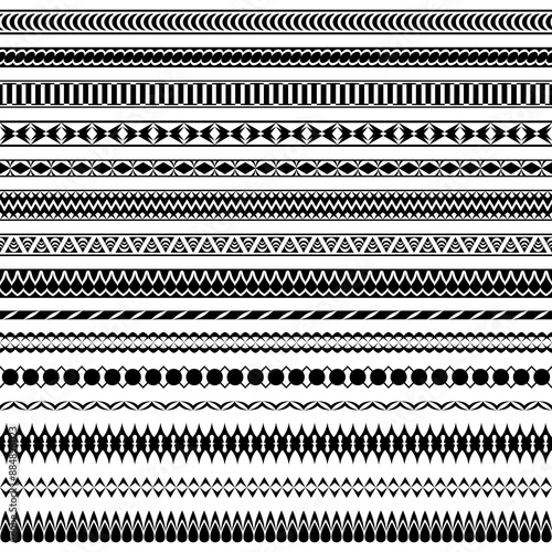 Collection of vector seamless endless brushes with geometric patterns. A set of narrow and wide black modern brushes for frames, borders, dividers. Brushes are included in the file