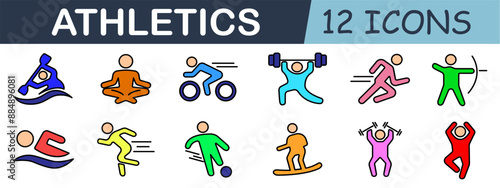 Athletics set icon. Kayaking, yoga, cycling, weightlifting, running, archery, swimming, soccer, snowboarding, aerobics, exercise.