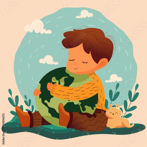 Illustration of a baby boy embracing a green earth 