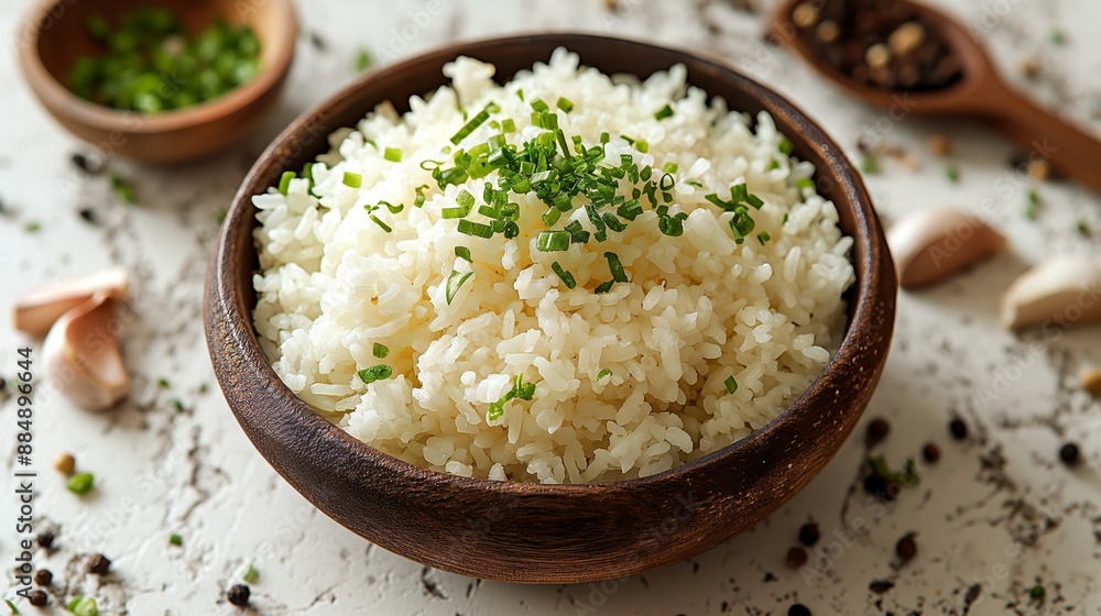 A wooden bowl filled with steaming white rice garnished with fresh green herbs, set against a textured backdrop. A wooden bowl filled with steaming white rice garnished with fresh green herbs, set against a textured backdrop.