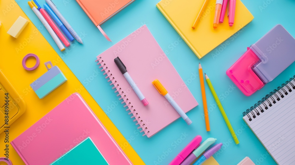 Close-up of colourful top view with notebooks, pens, and pencils on a desk, bright and vibrant. Neatly arranged school supplies including notebooks, markers, and erasers. Close-up of colourful top view with notebooks, pens, and pencils on a desk, bright and vibrant. Neatly arranged school supplies including notebooks, markers, and erasers.