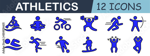 Athletics set icon. Kayaking, yoga, cycling, weightlifting, running, archery, swimming, soccer, snowboarding, aerobics, exercise, monochrome.