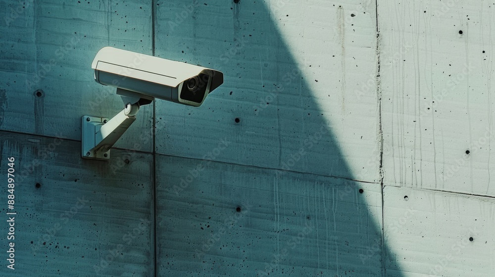 A White Security Camera Mounted on a Concrete Wall in Daylight A White Security Camera Mounted on a Concrete Wall in Daylight