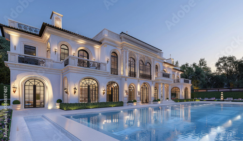 3D rendering of a luxury house with a swimming pool in the evening. The villa has white walls and blue tiles, there is an outdoor dining area near the entrance door, and other interior details are vis