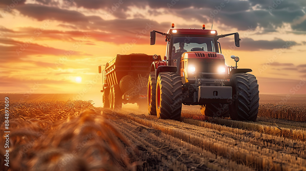 Naklejka premium A red heavy truck and tractor working in the field at sunset