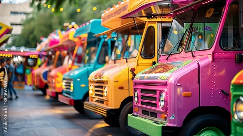 A line of themed food trucks at a vibrant city festival, selective focus on the closest truck