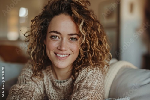 Close-up of a young woman with curly hair, smiling warmly indoors. Cozy and warm setting. Perfect for lifestyle, blogging, and fashion content. Natural light. Generative AI