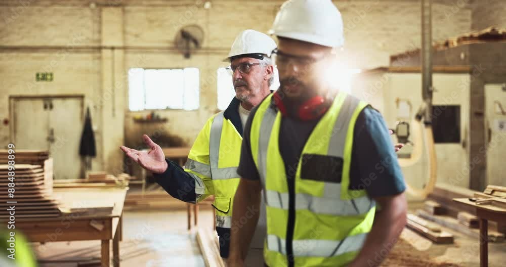 Carpenter, manager and employees in workshop with upset for discussion, overtime or disappointed. Manufacturer, foreman and diversity workers for woodwork, salary conflict or furniture industry