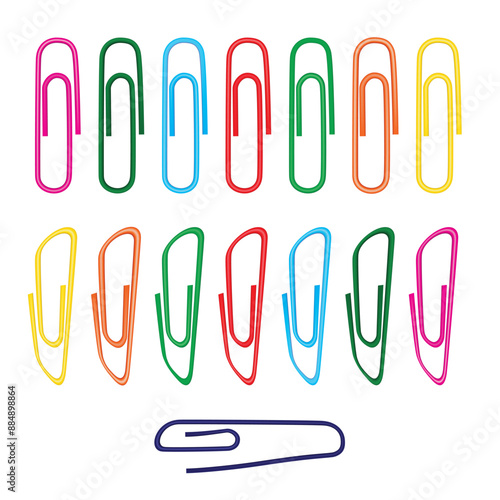 Note Paper Clips Isolated, Paperclips Set, Color Clips, Colorful Stationary, Paperclips Office Equipment on White Background with Copy Space for Text Top View