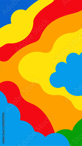 A colorful background with a rainbow, clouds, and waves