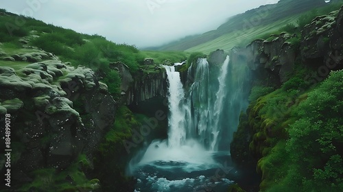 Aerial View of Majestic Waterfall in Iceland