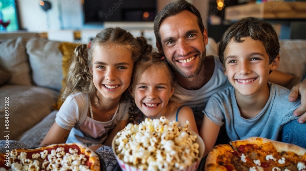 Joyful Family Enjoying Junk Food Together on Couch, Celebrating National Junk Food Day with Pizza, Popcorn, and Burgers Joyful Family Enjoying Junk Food Together on Couch, Celebrating National Junk Food Day with Pizza, Popcorn, and Burgers