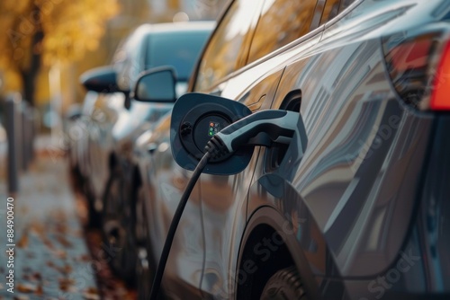 Close-up view of an electric car charging at a station, focusing on the power supply plugged into the vehicle.