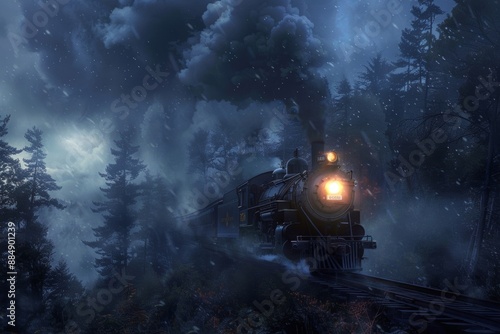 Capture the nostalgic scene of a steam engine train chugging through a fog-filled forest at night, emitting billows of smoke and illuminated by a bright headlight. photo