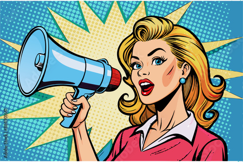 Pop art beautiful woman with megaphone banner.